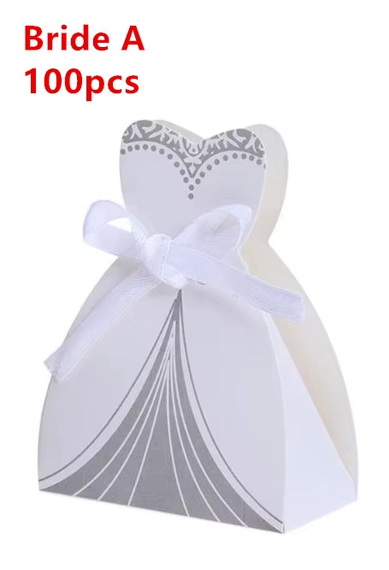 100Pcs Bride and Groom Dresses Wedding Candy Box Gifts Favor Box Wedding Bonbonniere DIY Event Party Supplies for Wedding