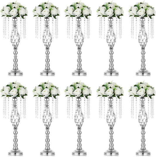 10 Pcs Silver Wedding Centerpieces Flower Stand, 21.7In/55Cm Height Wedding Road Lead Flower Vases, Crystal Artificial Flower Arrangements for Wedding Party Birthday Event Reception Home Decor