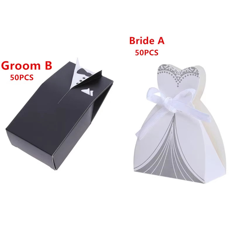 100Pcs Bride and Groom Dresses Wedding Candy Box Gifts Favor Box Wedding Bonbonniere DIY Event Party Supplies for Wedding