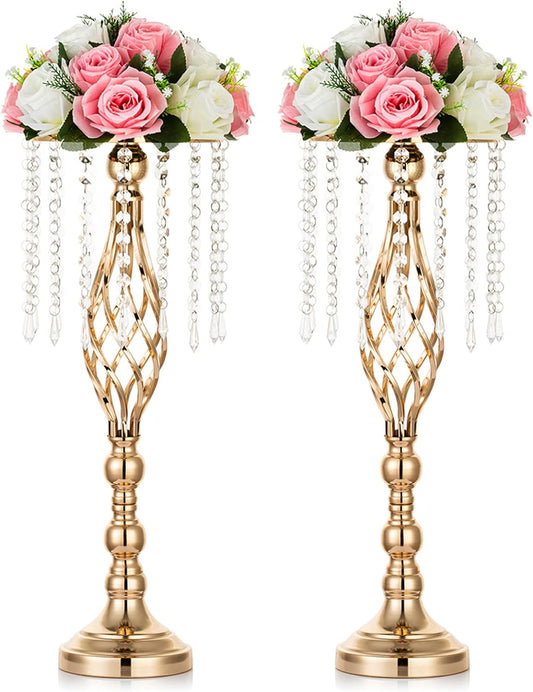 2 Pcs Crystal Flower Stand Wedding Centerpieces for Tables, 21.7In/55Cm Tall Elegant Metal Flower Arrangement Stand, Tabletop Metal Flower Vase for Wedding Party Dinner Event Hotel Home Decor