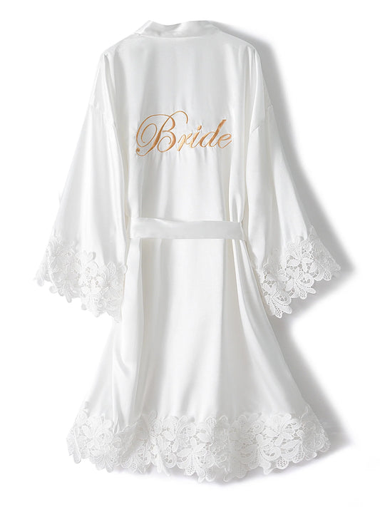Bride Bridesmaid Robes with Lace Trim Embroidery Silky Satin Bathrobe for Women Wedding Party Sleepwear Kimono Robe